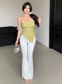 Dazy Designer Top bandeau asimétrico con recogido para mujer, top de verano para salir - Verde - Ver 7