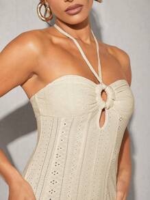 L'Amorae Elegante vestido de verano con apertura en la cintura, bajo a la cola de sirena y escote en forma de O, de color amarillo mantequilla puntillado