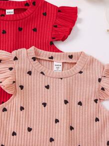 SHEIN 3pcs Young Girl's Heart Print Ruffle Armhole Rib-Knit Tank Top - Multicolor - View 5