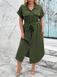 SHEIN Unity Kích thước lớn Mùa hè Màu thuần Mặt trước Nút tay cánh Đầm Midi - xanh quân đội - Xem 4