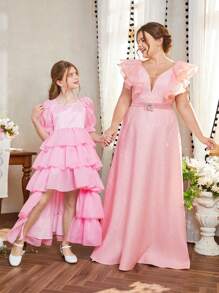 SHEIN Tween Girl's Square Neck Puff Sleeve Asymmetrical Ruffled Trim Tulle Dress - Pink - View 4