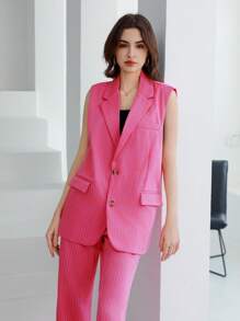 GENKIRA Veste Sans Manches À Col De Blazer Rayé Aléatoire Pour Femmes, Idéale Pour Le Port Quotidien Au Bureau - Rose vif - Voir 6