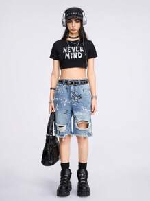 ROMWE Grunge Punk Lỏng lẻo Thẳng Viết tháu Ánh sáng Xanh Đau khổ Quần short Denim Đối với phụ nữ - Màu xanh lam - Xem 2