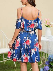 SHEIN Clasi Vestido de chifón floral con hombros descubiertos - Azul - Ver 2