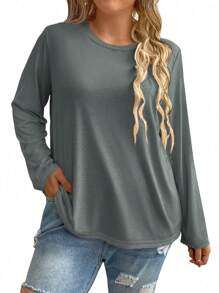 EMERY ROSE Damen T-shirt In Übergröße Mit Rundhalsausschnitt, Einfarbig, Langärmelig