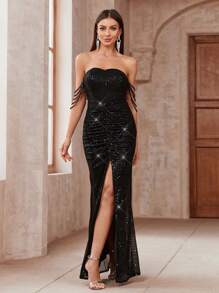 SHEIN BAE Glitzer Abendkleid mit Off-Shoulder, Schlitz und Fischschwanz Saum für Partys