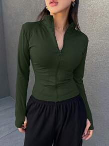 DAZY 夏季拉链前开运动休闲春季夹克，返校服 - 橄欖綠 - 查看 4