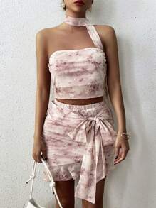 Zolique Sexy Tie Dye Print Halter Top & Asymmetrical Skirt Two Pieces Set For Women, Spring/Summer - Blue - View 5