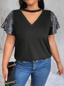 SHEIN LUNE Plus Size Women's Summer Sparkly Choker V-Neck Ruffle Short Sleeve T-Shirt With Sequin Detailing