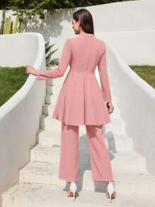 Modelyn 春季假珍珠裝飾的襯衫,褶邊長袖和直筒褲