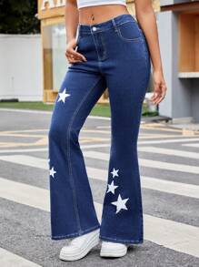 SHEIN EZwear Jeans Acampanados Para Uso Diario Con Patrón Impreso De Estrellas Para Mujeres - Azul lavado oscuro - Ver 3