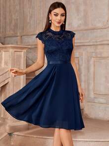 MIUSOL Floral Lace Mock Neck Cap Sleeve Prom Party Swing Dress - Navy Blue - View 3