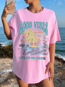 SHEIN EZwear T-shirt décontracté à manches courtes, col rond, imprimé de lettres pour les vacances à la plage, coupe ample, adapté à l'été, en mélange de coton - Rose pâle - Voir 3