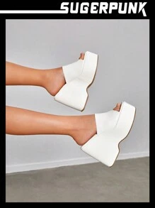Sugerpunk Women Shoes Squar Toe Thick Sole Minimalist Wedge Slide Outdoor White Sandals For Summer Back To School Shoes College Student Shoes Y2k Punk Cool Street Sporty Christmas Fall New Year Holiday Valentines