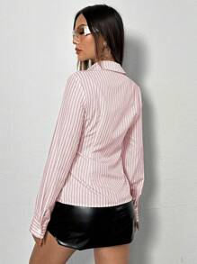 Flirla Women's Striped Button-Down Casual Shirt For New Year Clothes Fall Cloth For Women - Red - View 2