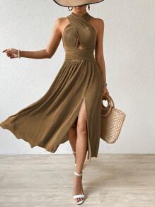Chiquease A-Line Halter Neck Cross Straps Bandage Lace Up Cut Out Side Slit Pleated Sexy Dress For Summer