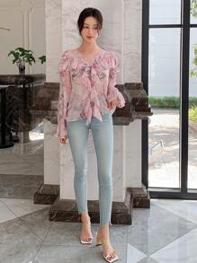 DAZY Của phụ nữ Cổ chữ V Viền Ruffle Đúng mốt Mùa xuân/Mùa hè In Áo sơ mi - Hồng - Xem 2