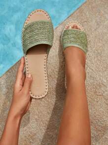Styleloop Women Braided Design Flat Sandals, Vacation Summer Slide Sandals - Olive Green - View 6