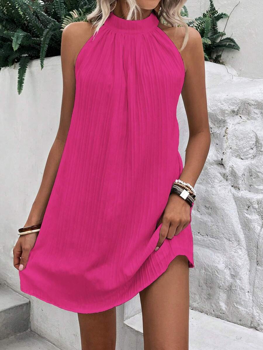 Breezaya 女士露肩純色休閒春夏連衣裙 - 玫紅色 - 查看 1