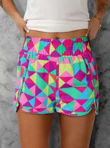 Acelitt Women's Plaid & Leopard Print High Waist Straight Leg Slit Casual Shorts, Suitable For Beach & Holiday - Multicolor - View 1