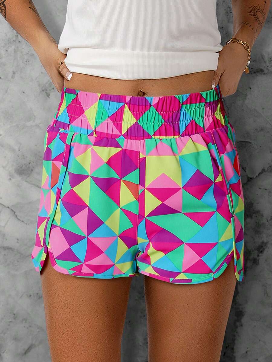 Acelitt Women's Plaid & Leopard Print High Waist Straight Leg Slit Casual Shorts, Suitable For Beach & Holiday - Multicolor - View 1