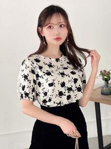 FRIFUL Summer Casual Floral Print Short Sleeve Holiday Shirt With Round Neck,Short Sleeve Tops Easter - Apricot - View 4