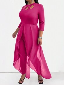 SHEIN Clasi Plus Size Jumpsuit With Hollow Out Design, Front Drape Decoration - Hot Pink - View 3