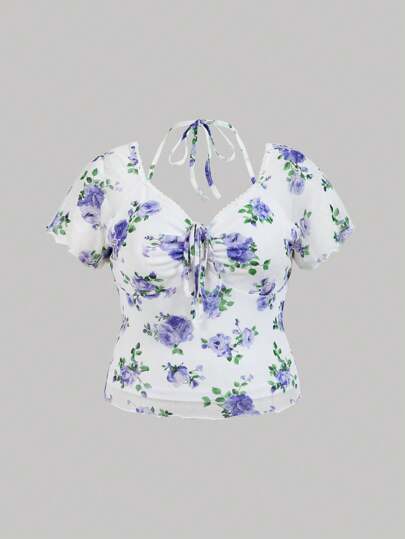 SHEIN MOD Plus Size Spring Floral Print Ruffled Hem T-Shirt With Sweetheart Neckline