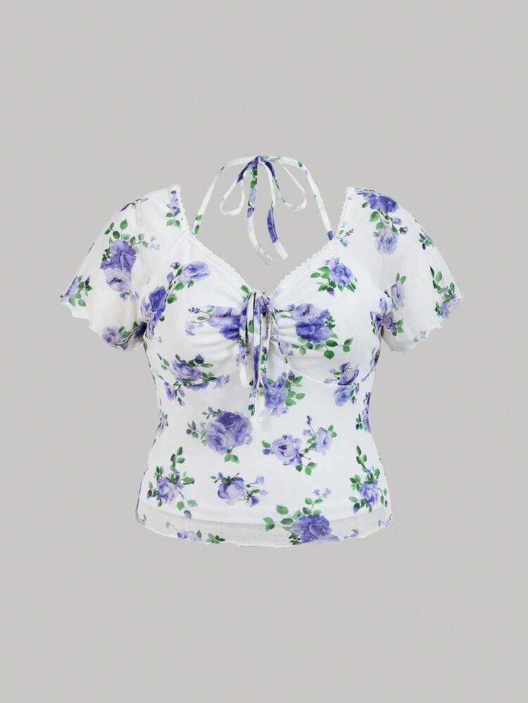 Plus Size Spring Floral Print Ruffled Hem T-Shirt With Sweetheart Neckline