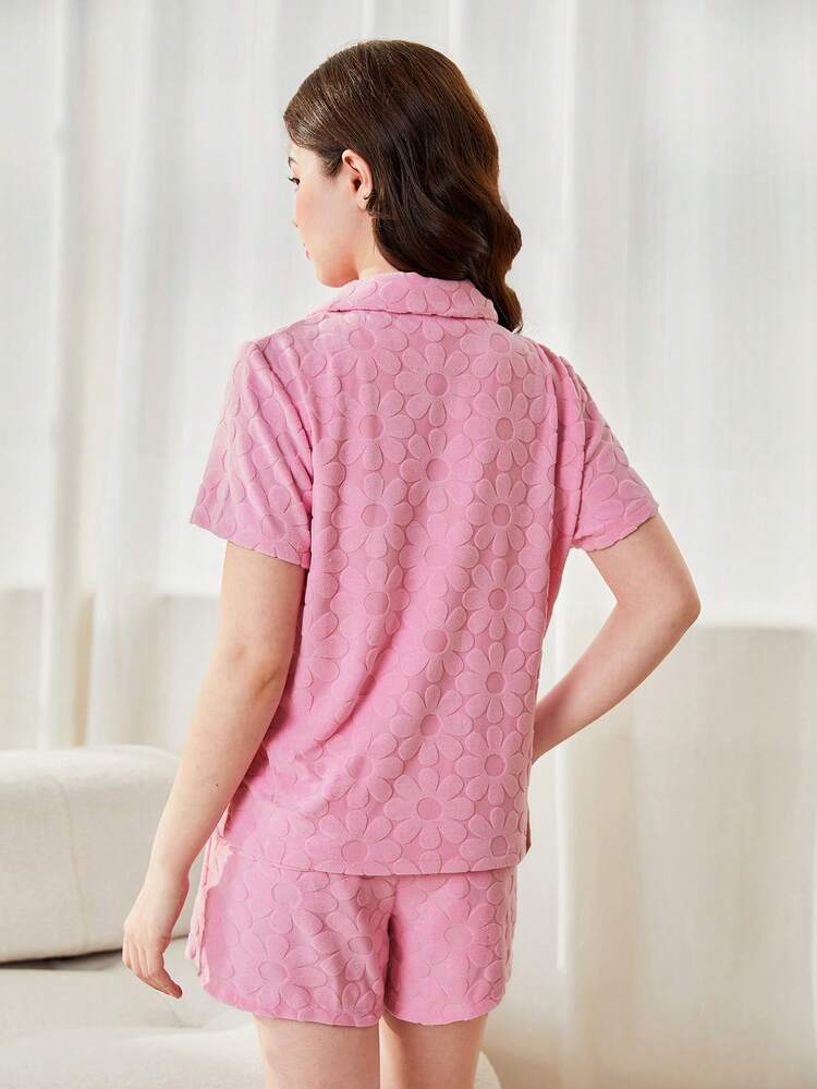 Teen Girl Simple Pink Plain Floral Jacquard Tank Top With Short Sleeves And Shorts 3pcs Summer Homewear Set