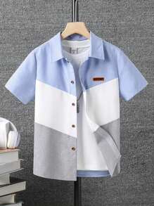 SHEIN Mirajuku 男童撞色拼接前扣休闲短袖衬衫 - 彩色 - 查看 2