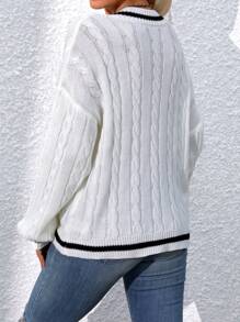 SHEIN Essnce V-Neck Color Block Long Sleeve Sweater - White - View 2