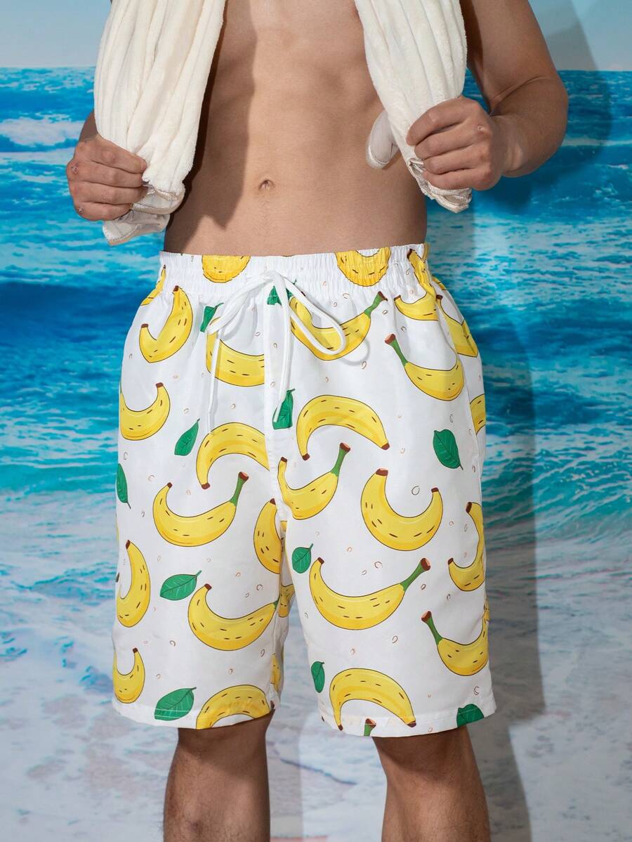 Surfspeed Men Banana Pattern Drawstring Beach Shorts For Summer Vacation - Yellow - View 1