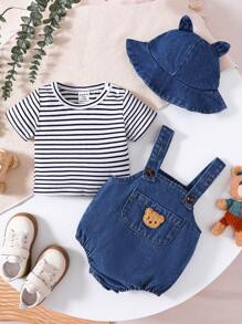 SHEIN Conjunto De Camiseta Casual De Manga Corta A Rayas Y Pantalones Cortos Con Tirantes De Oso De Peluche Para Bebé Niño, Verano
