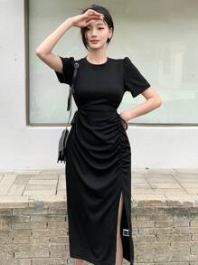 DAZY 休闲夏季短袖褶裥开衩连衣裙太阳裙 - 黑色 - 查看 7