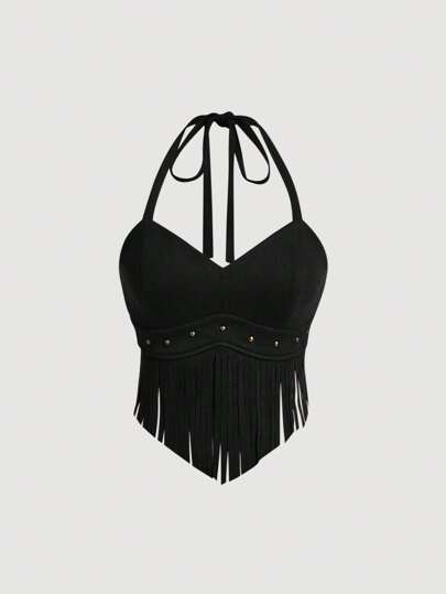 SHEIN MOD Summer Vintage Suede Halter Neck Top With Tassel Fringe Decoration