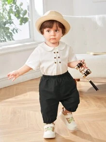 SHEIN Baby Boys' Peter Pan Collar Decor Buttoned Top And Solid Color Shorts 2pcs Set Suitable For Summer