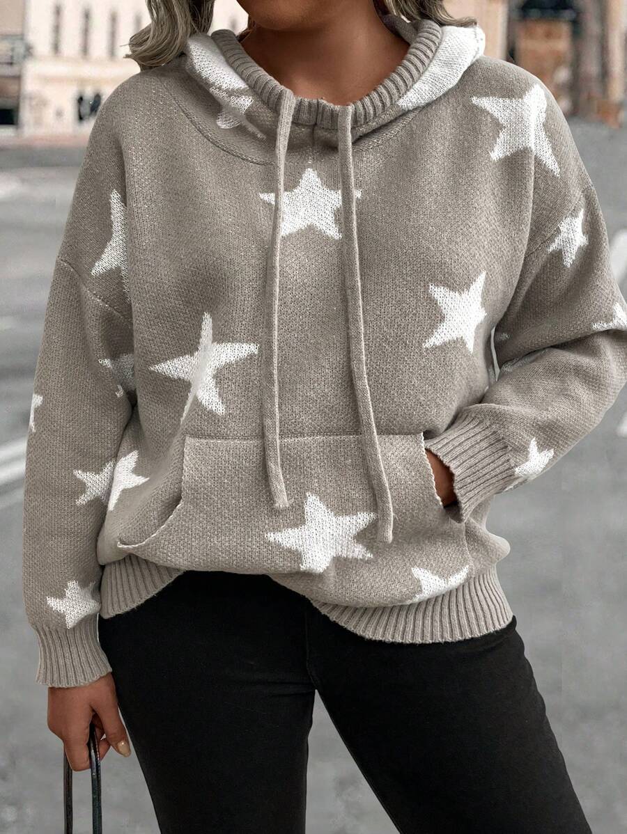 Calvaya Suéter con capucha y estampado de estrellas para mujer talla grande, de punto, para otoño e invierno - Caqui - Ver 1