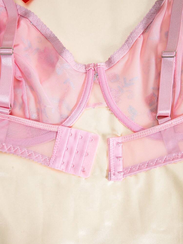 Plus Size Women's Sexy Sheer Mesh Floral Embroidered Lingerie Set, 3pcs