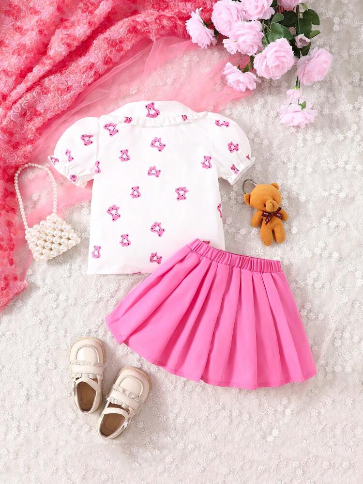 Baby Girl Peter Pan Collar Short Sleeve Shirt And Solid Color Pleated Skirt 2pcs Outfit Set
