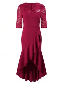 Zolique Women Elegant Lace Patchwork Wrapped Tulip Hem Bodycon Dress With Ruffle Trim - Burgundy - View 4