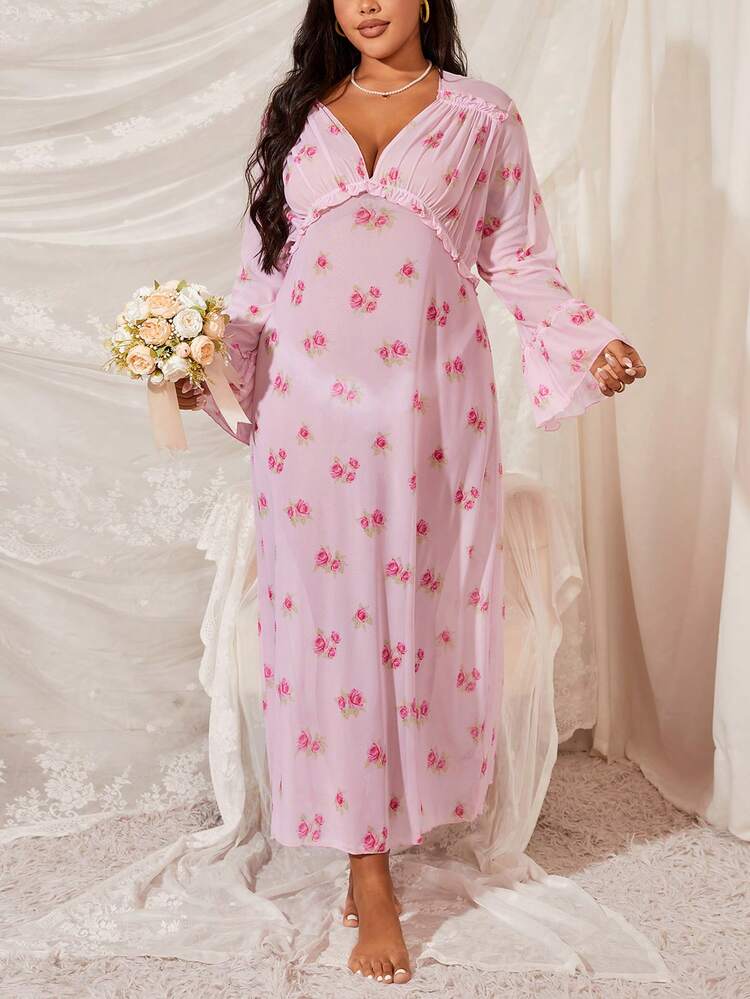 Summer Plus Size Boho Floral Print Flare Sleeve Cover-Up Dress, Cruise Outfit Beach Outfit Vacay Vibe