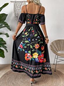 EMERY ROSE Vacation-Style Open Shoulder Printed Sundress Maxi Women Outfit - Multicolor - View 2
