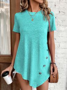 SHEIN LUNE 不對稱襬短袖t恤,帶鈕細節,夏季休閒 - 薄荷藍 - 查看 1