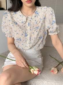 DAZY Peter Pan Collar Floral Bubble Short Sleeve Textured Shirt Summer