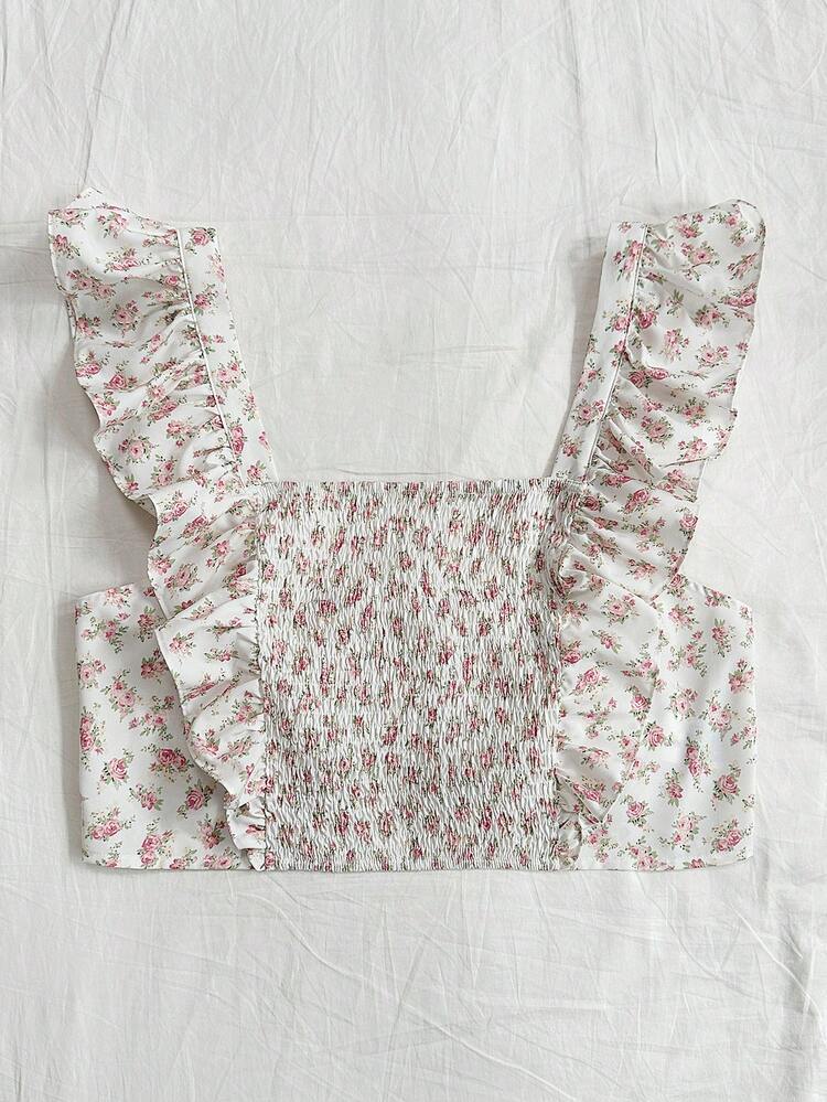 Plus Size Women's Crop Pink Ditsy Floral Blouse With Flounce Sleeves, Slimming Fit, Perfect For Vacation And Countryside Style