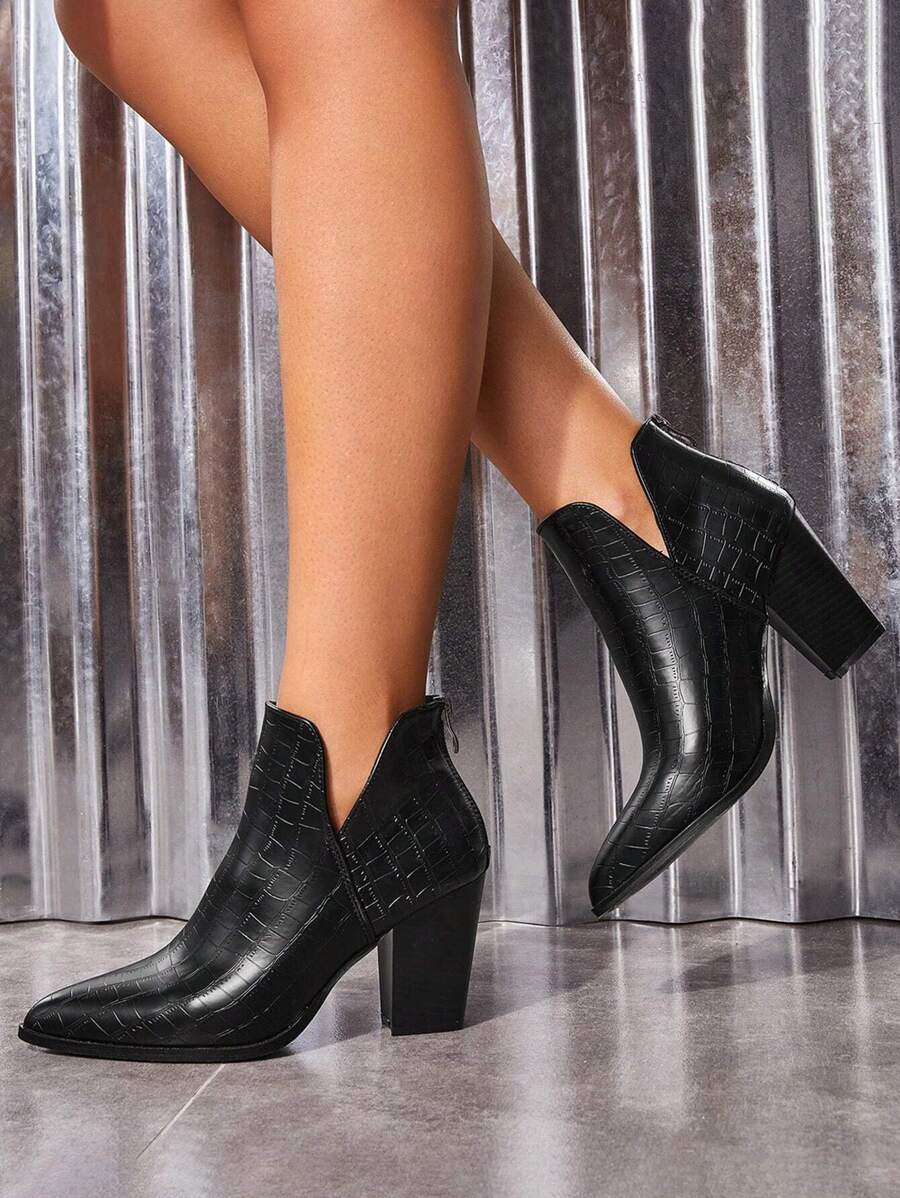 Styleloop 女士时尚鳄鱼纹黑色踝靴，设计优雅，适合夏季度假鞋，夏季促销，波西米亚风复古乡村风法式鞋，万圣节 - 黑色 - 查看 1