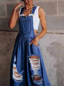 Wide Leg Distressed  Dungarees Jumpsuit Without Sleeve - Dark Wash - View 5