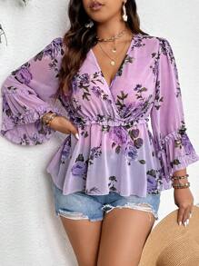 SHEIN Clasi 大碼花卉印花綁腰喇叭袖襯衫,適合夏日假期 - 紫色 - 查看 4