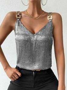 SHEIN LUNE Summer Metal Decorative Buckle Strap Camisole - Black - View 4